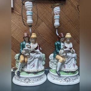 Two Vintage French Victorian Couple Romantic Lamps With Gold Plated Accents.